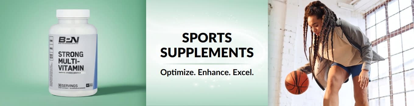 iHerb Sports Supplements banner featuring a woman dribbling a basketball with a multivitamin product in the foreground.