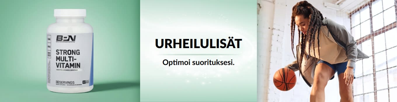 iHerbin urheilulisä-banneri, jonka kuvituksena nainen koripallon kanssa ja etualalla monivitamiinituote.