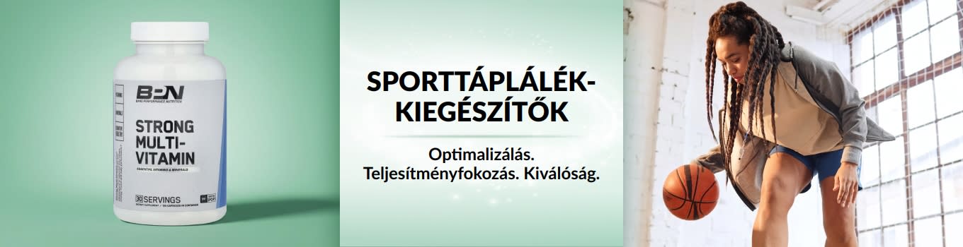 iHerb sporttáplálék-kiegészítőkez népszerűsítő banner, rajta egy kosárlabdát vezető nővel, az előtérben pedig egy multivitamin termékkel.