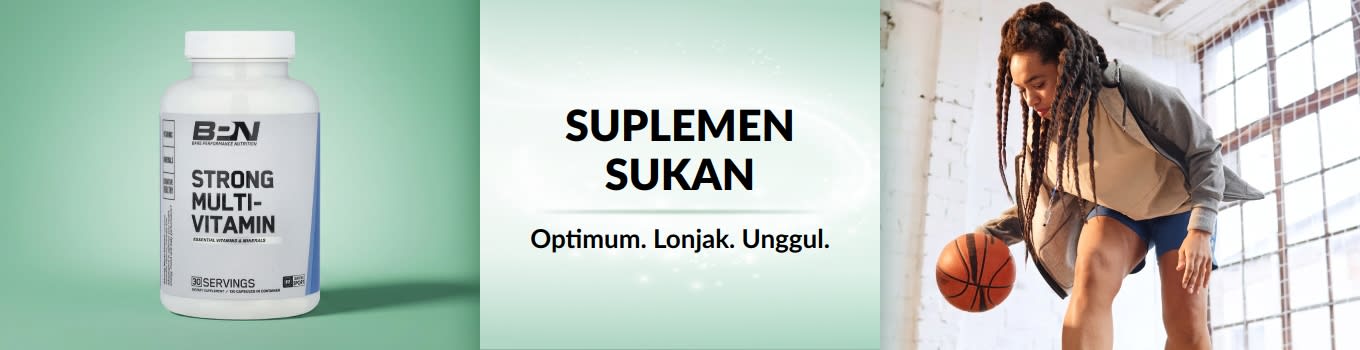 Sepanduk Suplemen Sukan iHerb menampilkan wanita melantun bola keranjang dengan produk multivitamin di latar hadapan.