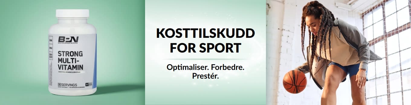 iHerb kosttilskudd for sport-banner som viser en kvinne som dribbler en basketball med et multivitaminprodukt i forgrunnen.