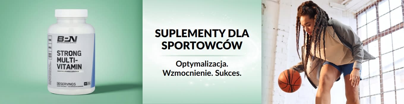 Baner iHerb suplementy dla sportowców przedstawiający kobietę kozłującą piłkę do koszykówki, z kompleksem multiwitaminowym na pierwszym planie.