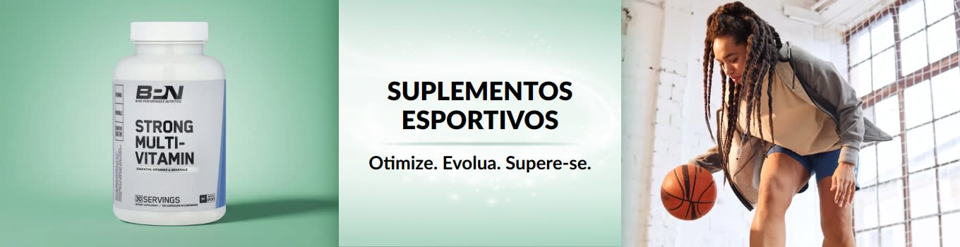 Banner de suplementos esportivos da iHerb com uma mulher jogando basquete e um multivitamínico à frente.