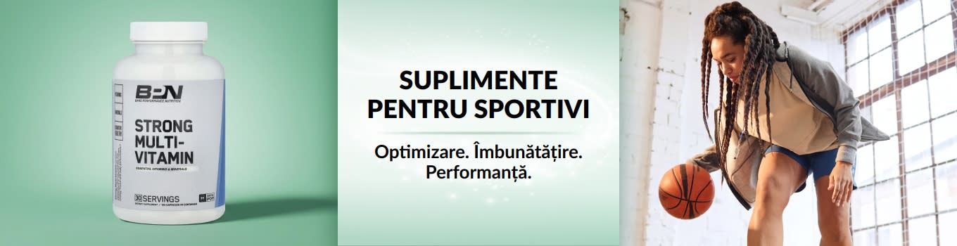 Banner iHerb cu suplimente pentru sportivi, cu o femeie cu o minge de baschet, având în prim-plan multivitamine.
