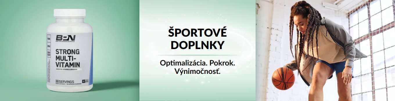 Baner o športových doplnkoch iHerb so ženou, ktorá dribluje s basketbalovou loptou. V popredí je multivitamínový produkt.