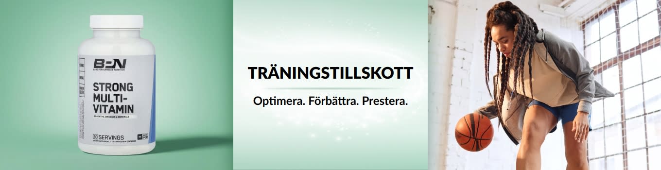 iHerb träningstillskottsbanner med en kvinna som dribblar en basketboll med en multivitaminprodukt i förgrunden. 