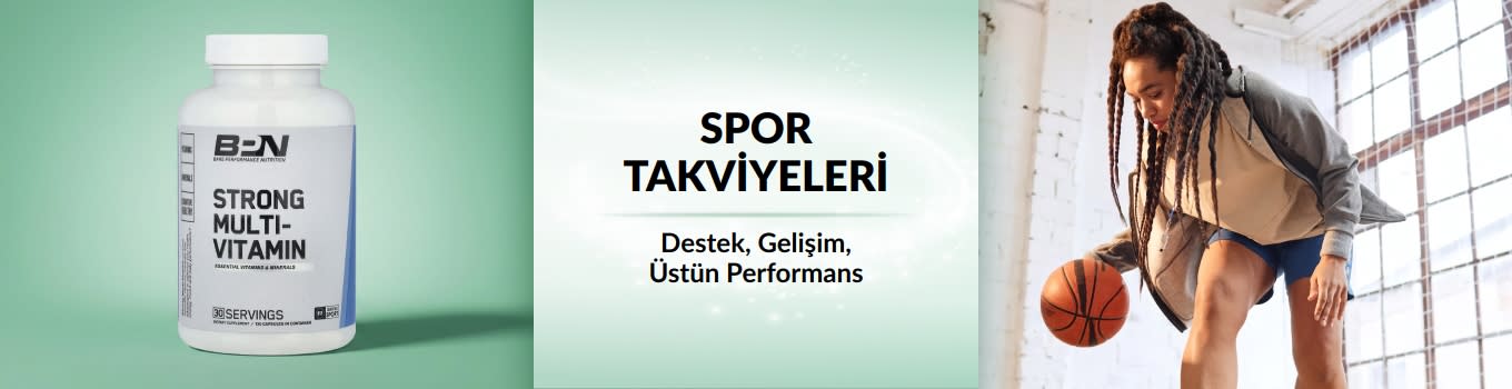 Ön planda bir multivitamin ürünü, arka planda ise basketbol topu süren bir kadının yer aldığı iHerb spor takviyeleri bannerı.