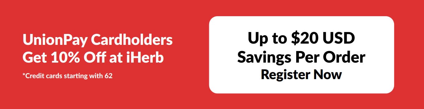 Promotional banner for UnionPay cardholders offering 10% off at iHerb, with savings up to $20 USD per order.