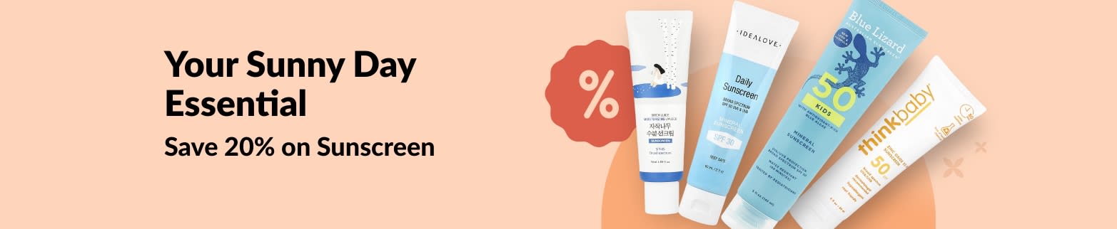 Four sunscreen tubes with promo text 'Save 20% on Sunscreen – Your Sunny Day Essential' on peach background with percent icon.