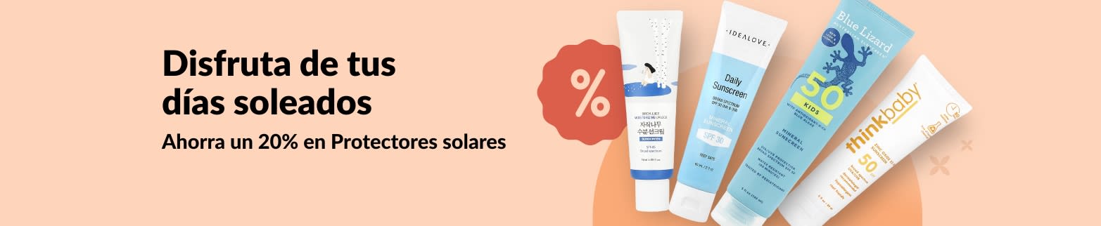 4 productos sobre un fondo color durazno, con el texto 'Ahorra un 20% en Protectores solares: Disfruta de tus días soleados'.
