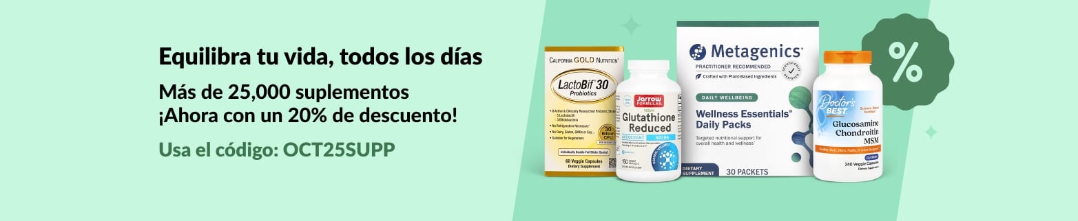 Banner de iHerb promocionando un 20% de descuento en más de 25,000 suplementos con el código: OCT25SUPP, incluyendo productos de bienestar y vitaminas.
