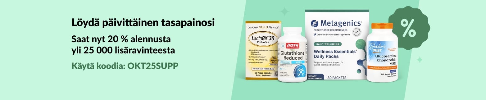 iHerb-banneri, jossa mainostetaan 20 %:n alennusta yli 25 000 ravintolisästä koodilla OCT25SUPP. Kuvassa hyvinvointi- ja vitamiinituotteita.