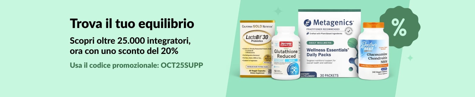 Banner iHerb che promuove uno sconto del 20% su oltre 25.000 integratori con il codice OCT25SUPP, con prodotti per il benessere e vitaminici.