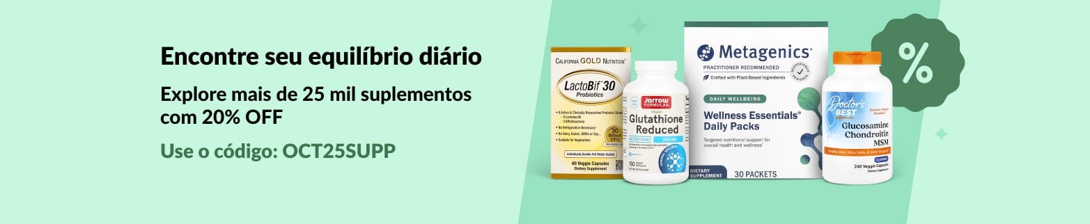 Banner da iHerb promovendo 20% OFF em mais de 25 mil suplementos com o código OCT25SUPP, com destaque para produtos de bem-estar e vitaminas.