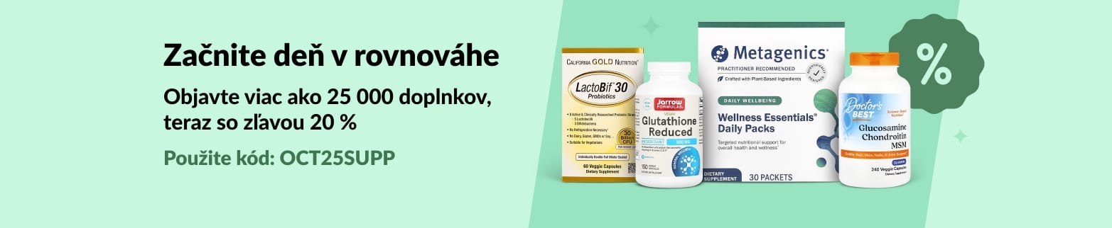 Banner iHerb propagujúci 20 % zľavu na viac ako 25 000 doplnkov s kódom OCT25SUPP, ktorý zahŕňa wellness a vitamínové produkty.