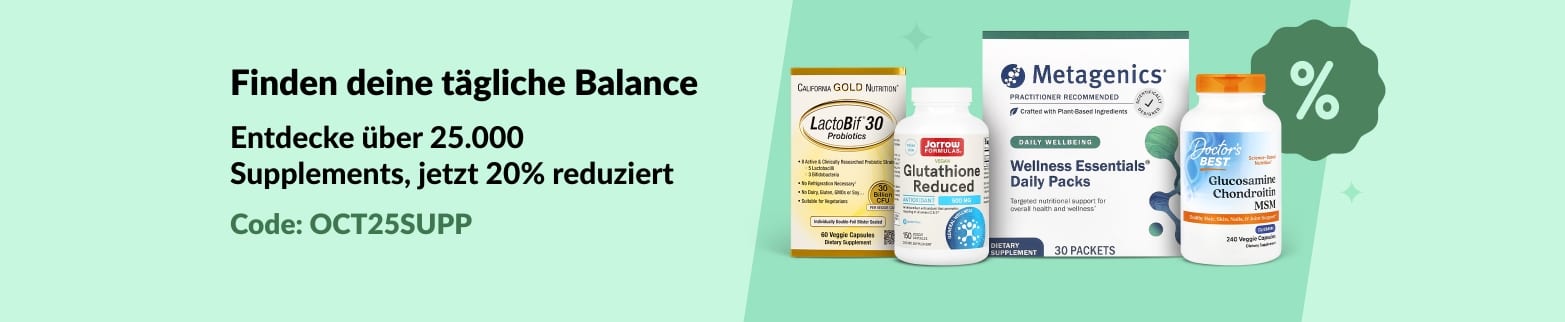 iHerb-Banner mit Werbung für 20% Rabatt auf über 25.000 Nahrungsergänzungsmittel mit dem Code OCT25SUPP, inklusive Wellness- und Vitaminprodukten.