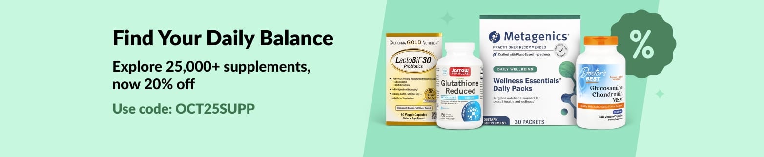 iHerb banner promoting 20% off 25,000+ supplements with code OCT25SUPP, featuring wellness and vitamin products.