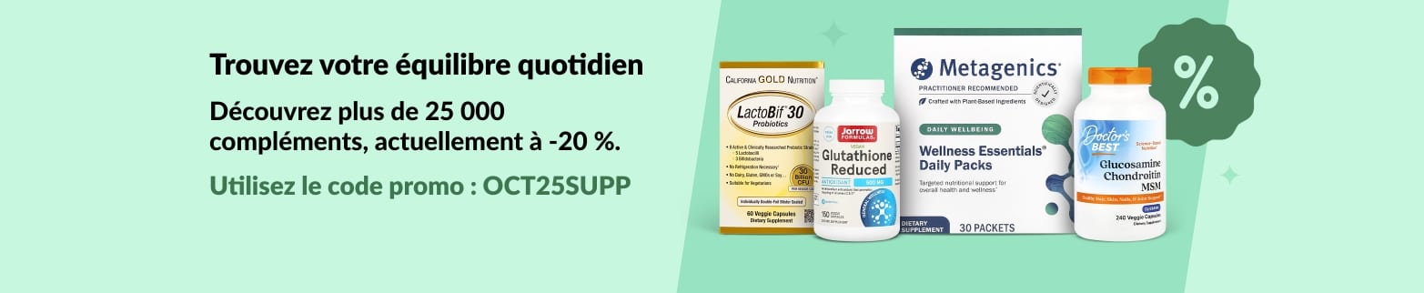 Bannière iHerb proposant 20 % de réduction sur plus de 25 000 compléments alimentaires avec le code OCT25SUPP, mettant en avant des produits de bien-être et des vitamines.