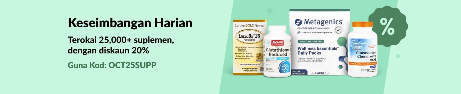Sepanduk iHerb mempromosikan diskaun 20% untuk 25,000+ suplemen dengan kod OCT25SUPP, memaparkan produk kesihatan dan vitamin.