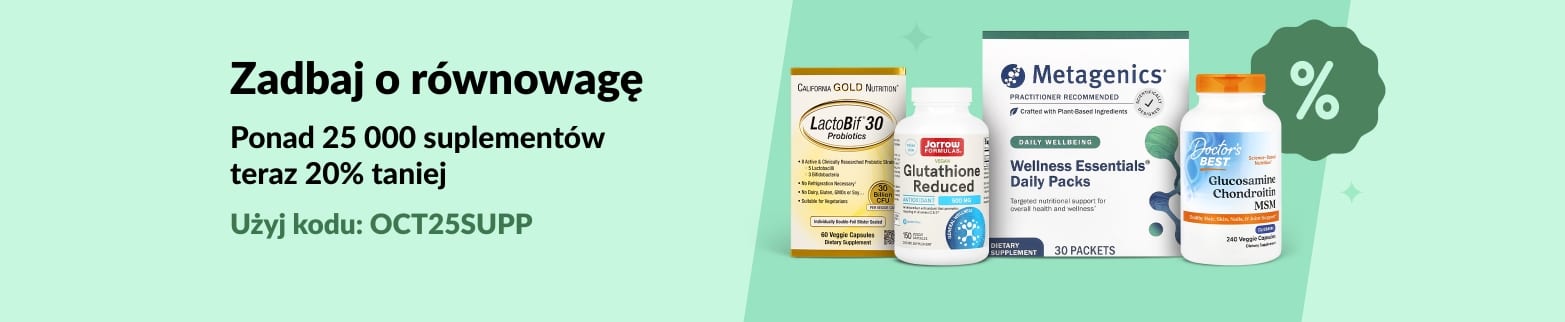 Baner iHerb promujący 20% zniżki na ponad 25 000 suplementów z kodem OCT25SUPP, w tym produkty wspierające zdrowie, energię i witaminy.