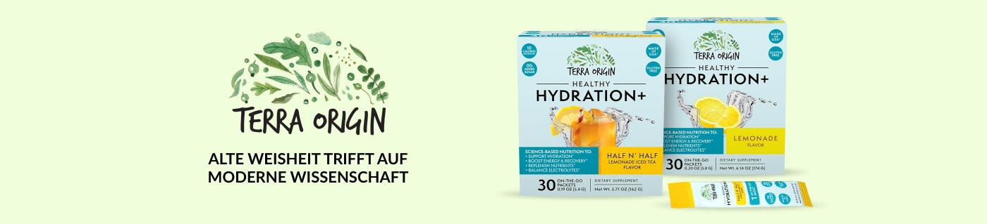 Terra Origin Healthy Hydration+ Elektrolyt-Drink-Mix, Geschmacksrichtungen Half N’ Half und Limonade, 30 Beutel, glutenfrei, ohne Zuckerzusatz.