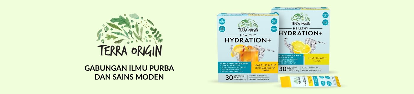 Campuran minuman elektrolit Terra Origin Healthy Hydration+, Half N' Half dan Lemonade, 30 paket, bebas gluten, tanpa gula tambahan.