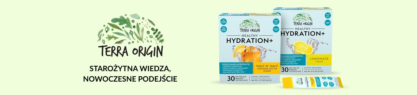 Terra Origin Healthy Hydration+ mieszanka napoju elektrolitowego, smaki Half N’ Half i Lemoniada, 30 saszetek, bez glutenu, bez dodatku cukru.