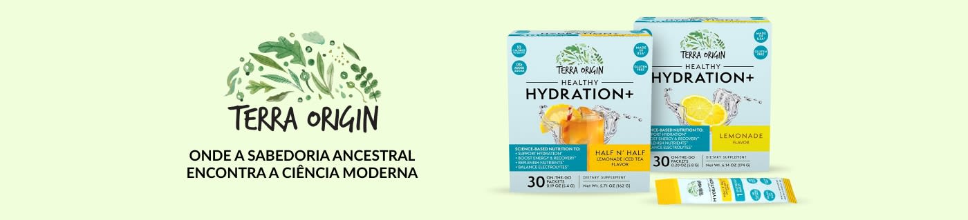 Terra Origin Healthy Hydration+ mistura de bebida eletrolítica, sabores Half N’ Half e Limonada, 30 sachês, sem glúten, sem açúcar adicionado.