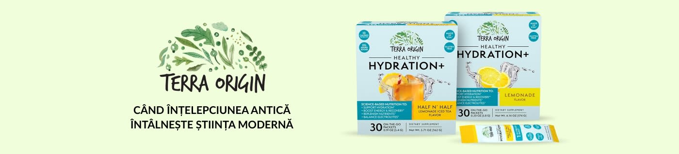 Terra Origin Healthy Hydration+ pudră pentru băutură electrolitică, arome Half N’ Half și Limonadă, 30 de plicuri, fără gluten, fără zahăr adăugat.
