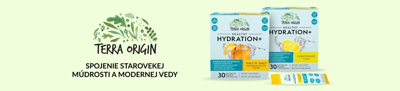 Terra Origin Healthy Hydration+ elektrolytický nápojový mix, príchute Half N’ Half a Citrónová limonáda, 30 vrecúšok, bez lepku, bez pridaného cukru.