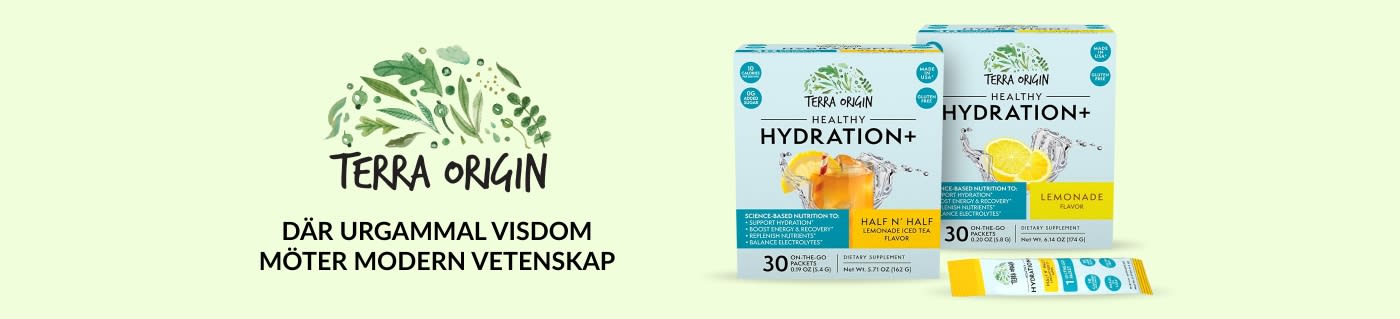 Terra Origin Healthy Hydration+ elektrolytdrycksmix, smaker Half N' Half och Lemonade, 30 påsar, glutenfri, inget tillsatt socker.