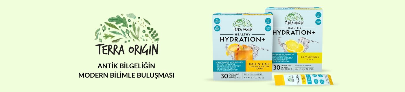 Terra Origin Healthy Hydration+ elektrolit içecek karışımı, Half N’ Half ve Limonata aromaları, 30 saşe, glutensiz, ilave şeker içermez.