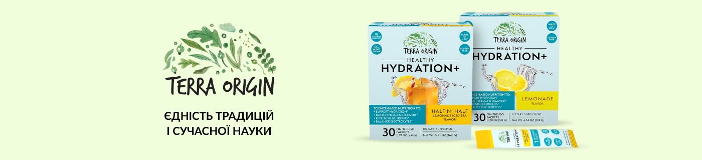 Напій з електролітами Terra Origin Healthy Hydration+, смаки Half N’ Half та Лимонад, 30 пакетиків, без глютену та без доданого цукру.