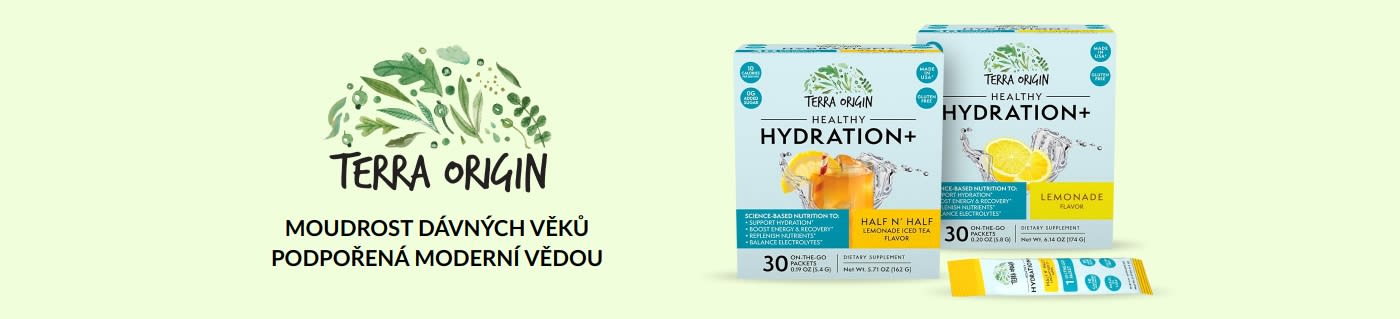 Terra Origin Healthy Hydration+ elektrolytický nápojový prášek, příchutě Half N’ Half a limonáda, 30 sáčků, bez lepku, bez přidaného cukru.
