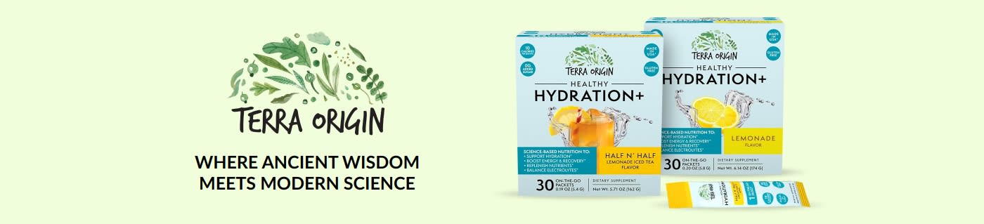 Terra Origin Healthy Hydration+ electrolyte drink mix, Half N’ Half and Lemonade flavors, 30 packets, gluten-free, no added sugar.