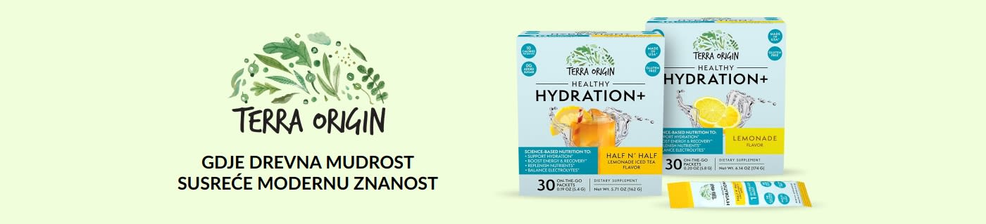 Terra Origin Healthy Hydration+ napitak za elektrolite, okusi Half N' Half i Limunada, 30 vrećica, bez glutena, bez dodanog šećera.