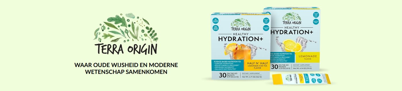 Terra Origin Healthy Hydration+ elektrolytendrankmix, smaken Half N' Half en Lemonade, 30 zakjes, glutenvrij, zonder toegevoegde suiker.