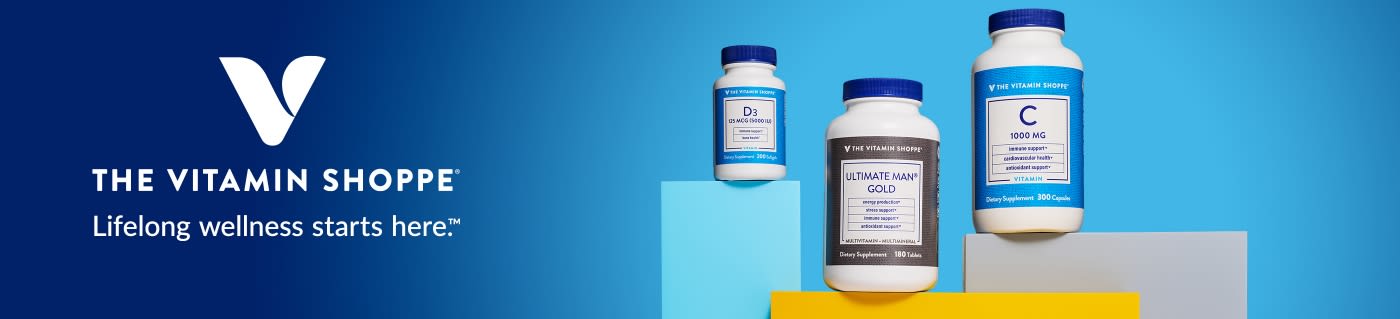 The Vitamin Shoppe banner with supplements including Vitamin D3, Vitamin C, and Ultimate Man Gold, slogan “Lifelong wellness starts here.