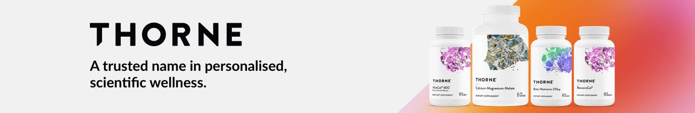 Thorne banner featuring premium health supplements with clean design promoting science-based nutrition and wellness products.