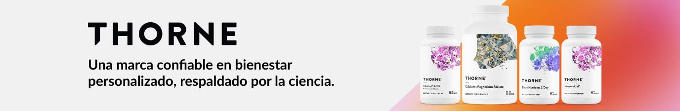 Banner de la marca Thorne promoviendo productos de nutrición y bienestar respaldados por la ciencia.