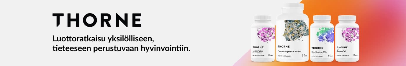 Thorne-banneri, joka mainostaa tieteeseen perustuvia ravitsemus- ja hyvinvointituotteita. Kuvassa laadukkaita lisäravinteita.