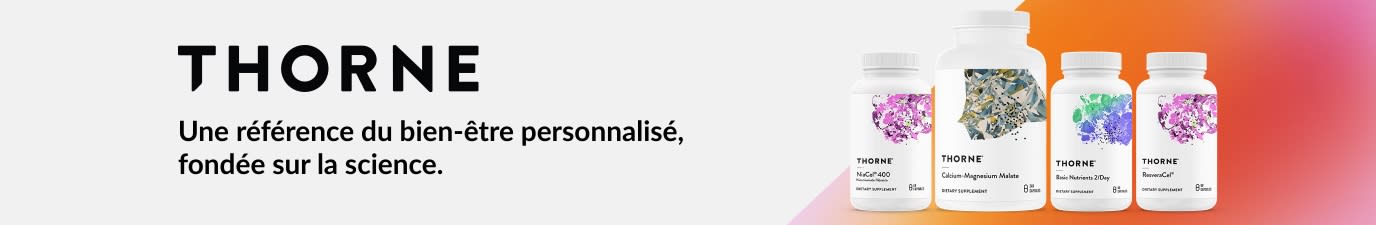 Bannière Thorne mettant en avant des compléments premium au design épuré et une nutrition fondée sur la science.