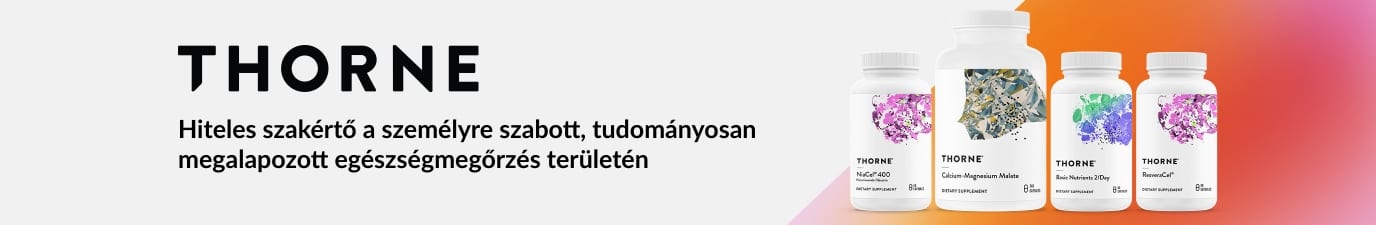 Thorne banner, amely prémium étrend-kiegészítőket mutat be letisztult designnal, a tudományosan megalapozott táplálkozást és wellness termékeket népszerűsítve.