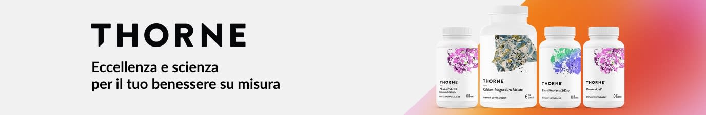 Banner Thorne con integratori alimentari di alta qualità; design pulito ed essenziale che promuove prodotti per il benessere e la nutrizione basati sulla ricerca scientifica.