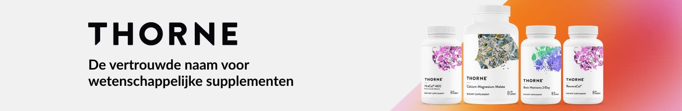 Een banner van Thorne met hoogwaardige voedingssupplementen in een strak design, die wetenschappelijk onderbouwde voedings- en welzijnsproducten promoot.
