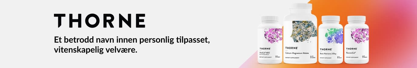 Thorne-banner med førsteklasses kosttilskudd i rent design, som promoterer vitenskapsbasert ernæring og velværeprodukter.