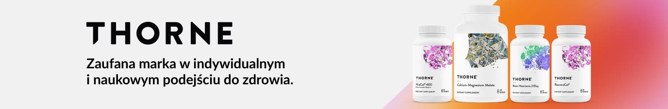 Baner marki Thorne przedstawiający suplementy zdrowotne premium o przejrzystym designie, promujący produkty wellness i żywienie oparte na nauce.