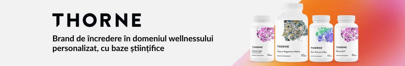 Banner Thorne elegant cu suplimente premium pentru sănătate, cu produse de nutriție și wellness cu dovezi științifice.