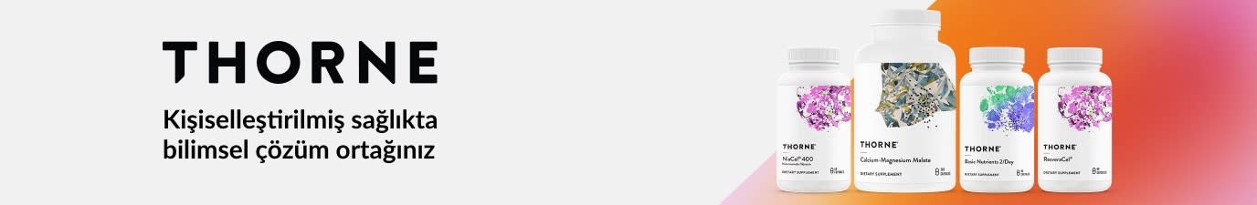 Bilim temelli beslenme ve zindelik ürünlerini öne çıkaran, sade tasarımlı premium sağlık takviyelerinin yer aldığı Thorne banner’ı.