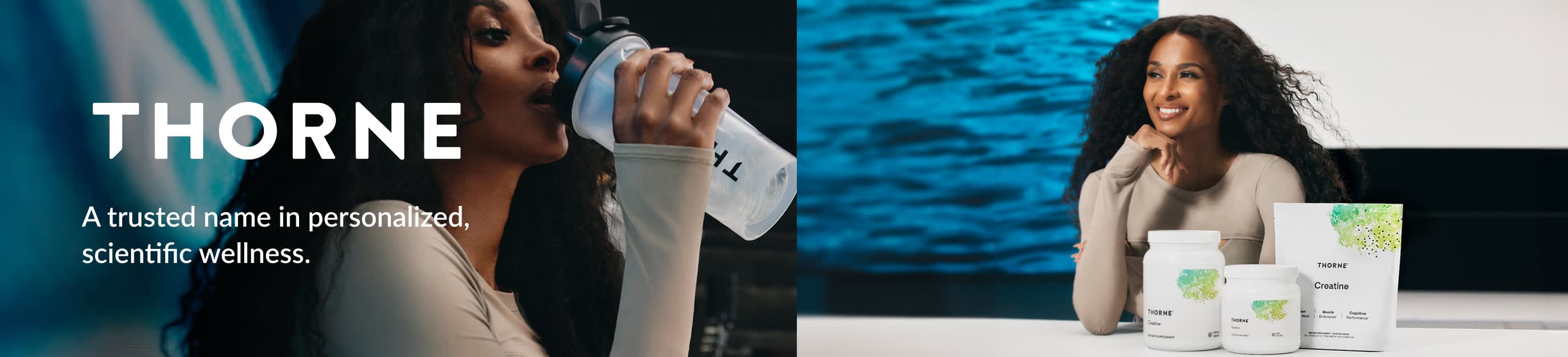 Thorne banner featuring premium health supplements with clean design, promoting science-based nutrition and wellness products.